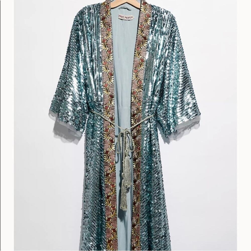 NWOT! Free people light is coming sequin duster long  maxi cardigan jacket large - Picture 4 of 13